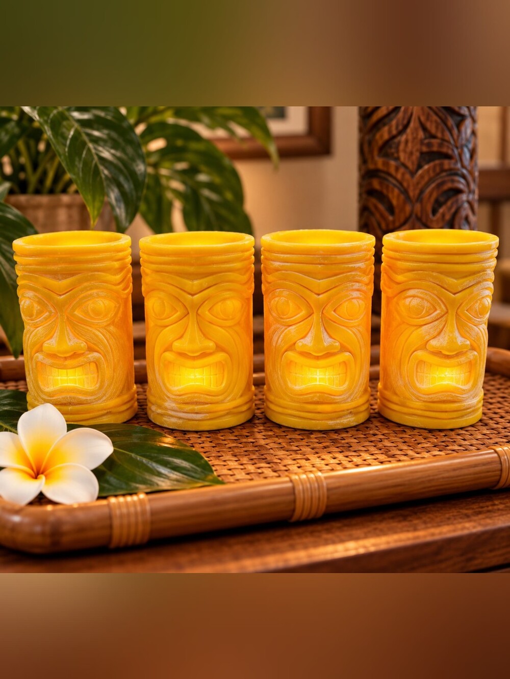 Yellowish Orange Wax Tiki Tealight Candleholders, Set of 4